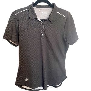 Adidas Women’s golf Polo Black with white dots SPF dry fit Size Medium